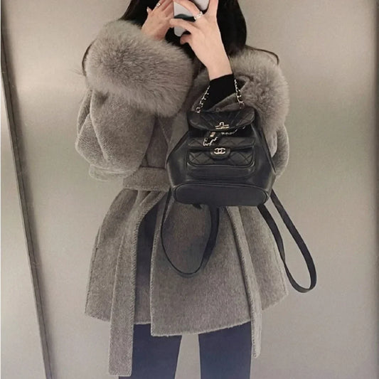 Luxury Wool & Fox Fur Short Coat – Elegant Double-Sided Cashmere Jacket™