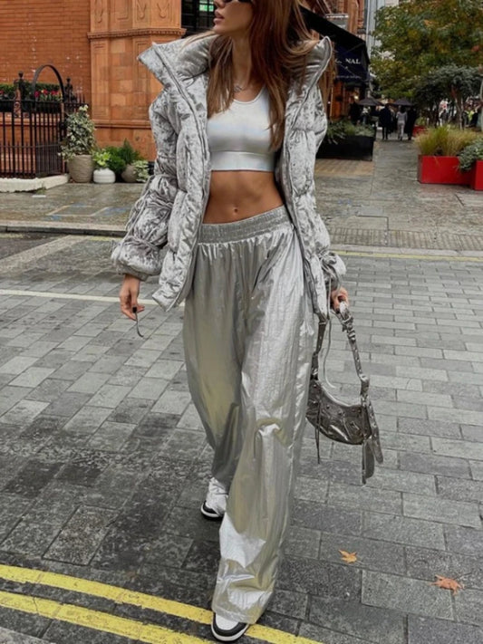 TARUXY Silver PU Leather Wide-Leg Pants – High Waist, Casual Chic, Autumn/Winter ™