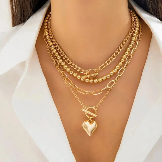 4Pcs Elegant Gold Heart Necklace Set – Y2K Luxury Punk Jewelry™