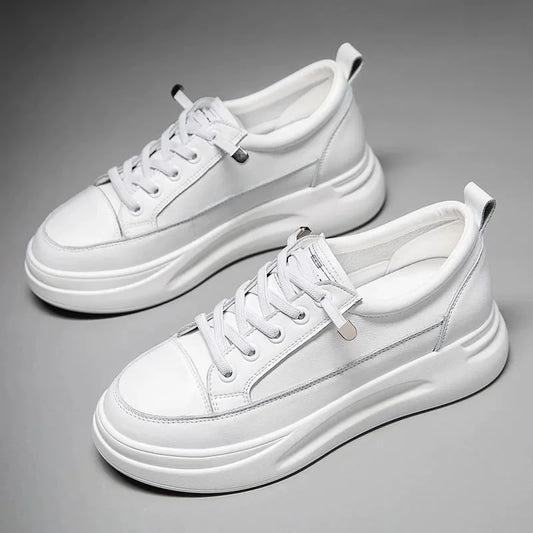 Genuine Leather Women's Thick-Soled Sneakers – Korean Casual Lace-Up Shoes™