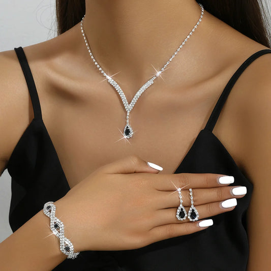 3PCS Luxury Black Crystal Bridal Jewelry Set – Earrings, V Necklace & Bracelet™
