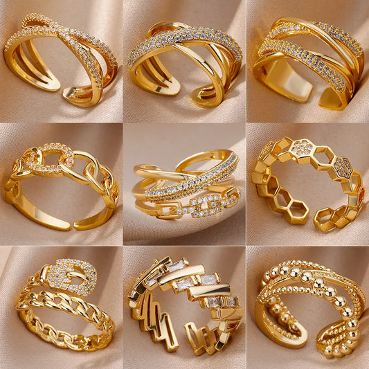 Elegant Gold Chain Zircon Ring – Stainless Steel Fashion Jewelry for Women™