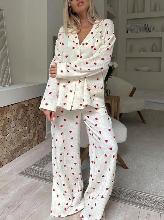 Chic Spring 2025 Oversized Pantsuit for Women – Romantic Heart Detail, V-Neck Top & Flowing Cotton Trousers™