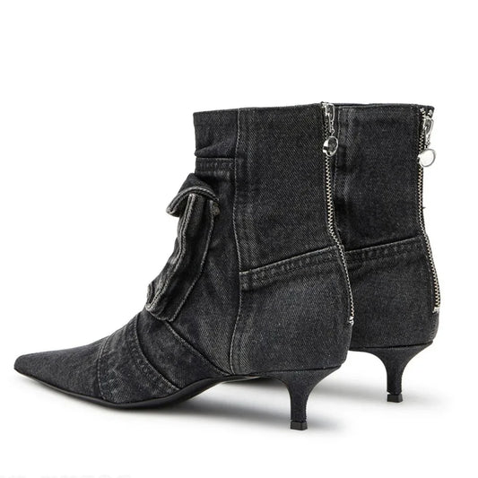 Denim Pocket Ankle Boots for Women – Pointed Toe, Low Heel, Rear Zipper™