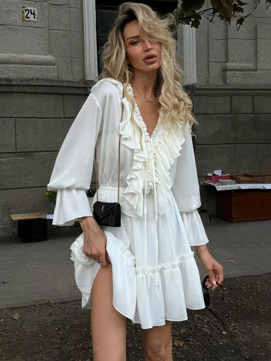 Tossy Elegant V-Neck Ruffle Mini Dress – Long Sleeve & Lace-Up Waist™