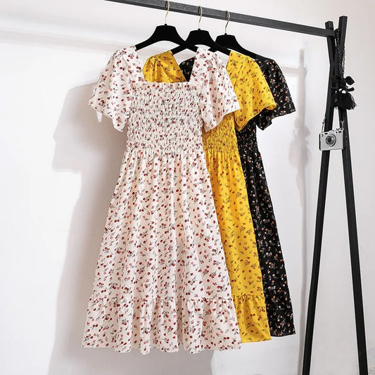 Elegant Pleated Chiffon Midi Dress – Floral Print with Open Back™