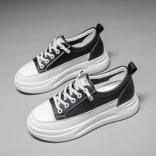 Genuine Leather Women's Thick-Soled Sneakers – Korean Casual Lace-Up Shoes™