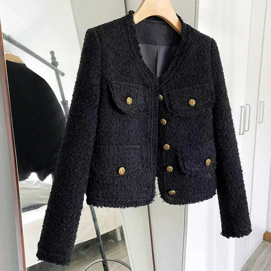 EVNISI Women's Elegant Tweed Jacket – Tassel Trim, Single-Breasted Short Coat™