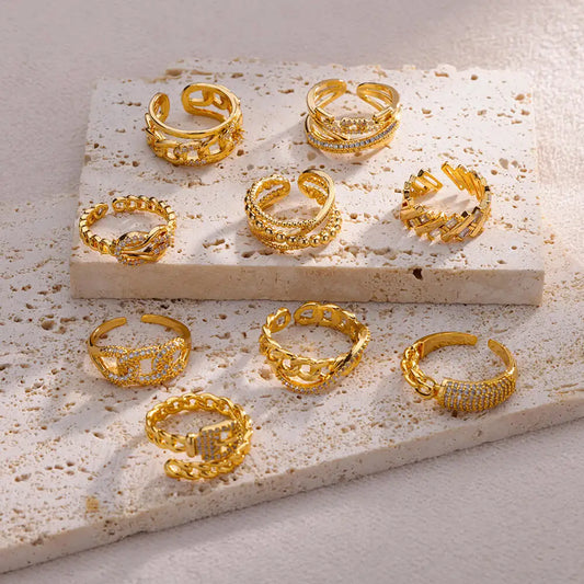 Elegant Gold Chain Zircon Ring – Stainless Steel Fashion Jewelry for Women™