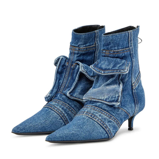 Denim Pocket Ankle Boots for Women – Pointed Toe, Low Heel, Rear Zipper™