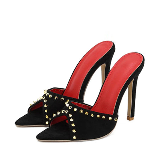 Liyke Luxury Rivet Heels – 2025 Glam Pointed Toe Mules for Bold & Stylish Women™