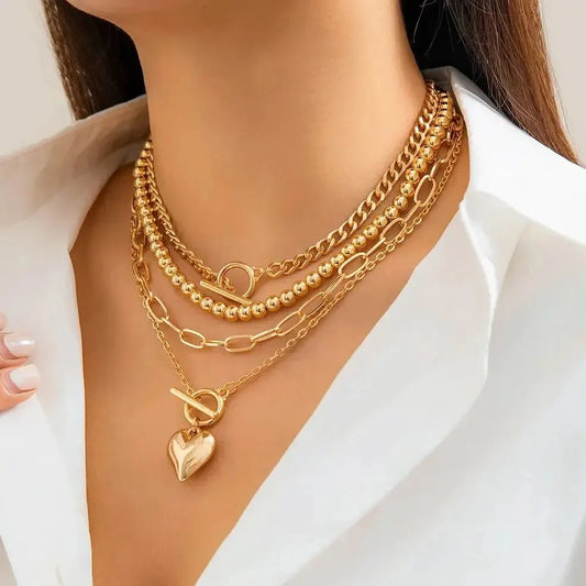 4Pcs Elegant Gold Heart Necklace Set – Y2K Luxury Punk Jewelry™