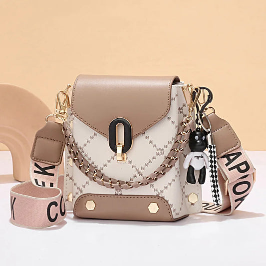 Korean Chic Patchwork Crossbody Bag – PU Leather, Metal Accents & Bear Charm™