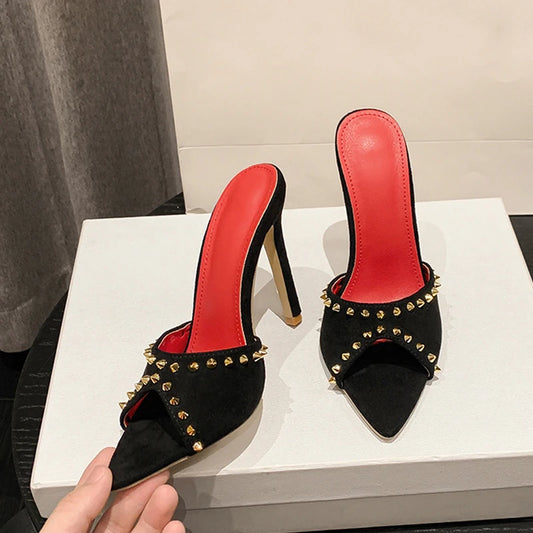 Liyke Luxury Rivet Heels – 2025 Glam Pointed Toe Mules for Bold & Stylish Women™