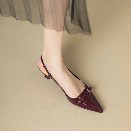 French Wine Red Patent Leather Mid-Heel Sandals – Elegant Pointed Toe & Retro Chic™