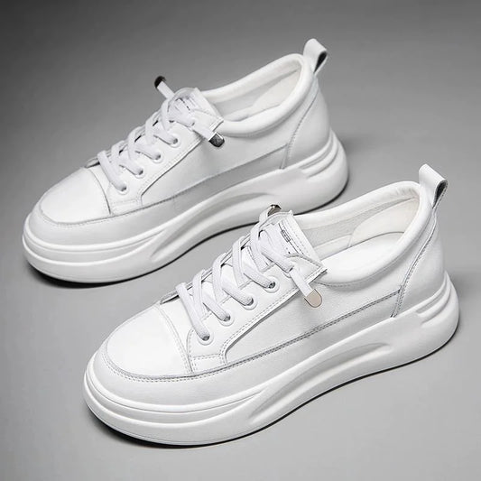 Genuine Leather Women's Thick-Soled Sneakers – Korean Casual Lace-Up Shoes™