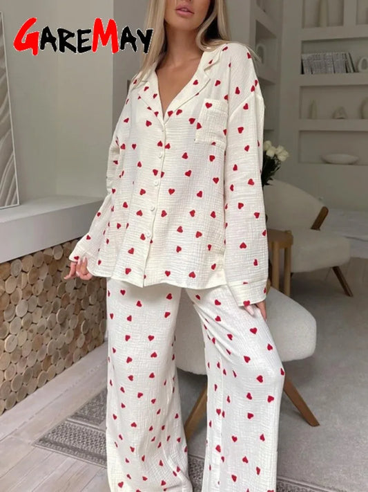 Chic Spring 2025 Oversized Pantsuit for Women – Romantic Heart Detail, V-Neck Top & Flowing Cotton Trousers™