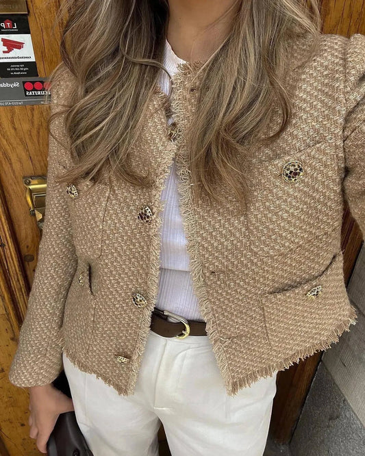 Elegant Tweed Woolen Jacket – Chic Button-Up Women's Coat™